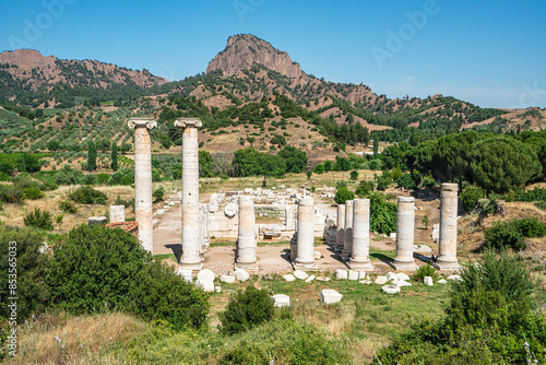 Scenic views of the Temple of Artemis at Sardis, the fourth largest Ionic temple in the world,  situated on the western slopes of the Acropolis, below the mass of the Tmolus Mountains, Salihli, Turkey photo