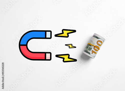 Obraz na plátně Magnet attracting a bankroll of dollar bills on white background.