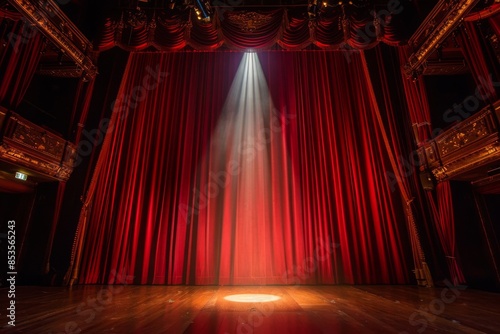 A grand stage with luxurious red curtains slightly drawn apart, a single beam of light illuminating the center, creating a captivating focal point