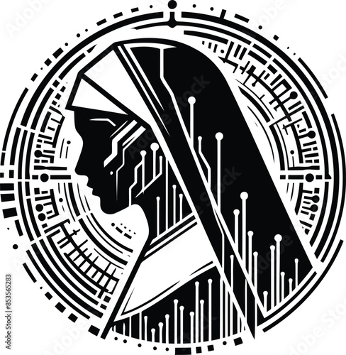 nun silhouete with cyberpunk pattern illustration