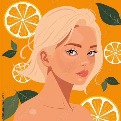 Vector portrait of a young beautiful blonde girl with short hair on a background with delicious oranges.
