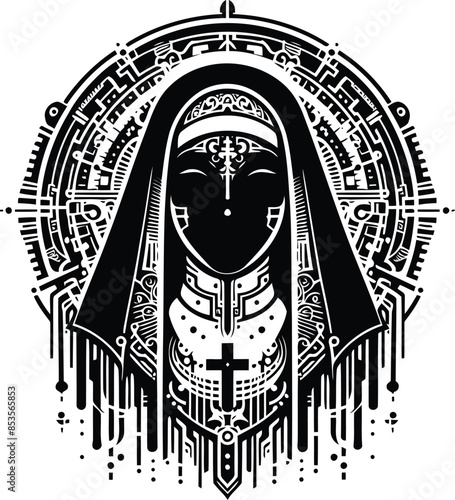 nun silhouete with cyberpunk pattern illustration