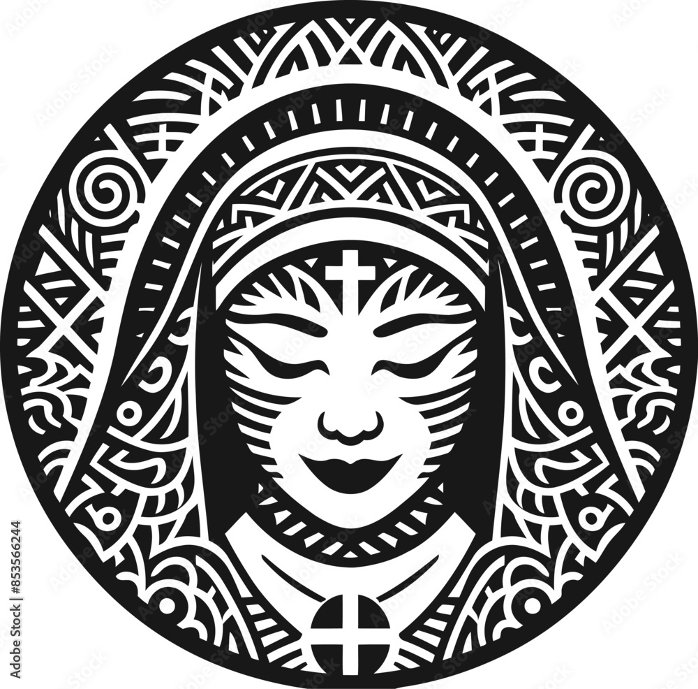 nun silhouete with Polynesian ethnic pattern illustration nun silhouete with Polynesian ethnic pattern illustration