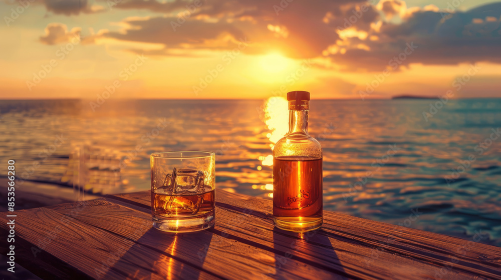 Whisky Bottle and Glass on Wooden Table for Relaxation with Beach background Whisky Bottle and Glass on Wooden Table for Relaxation with Beach background