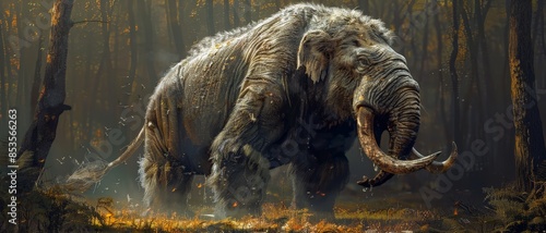 A majestic woolly mammoth walks through a dense forest.