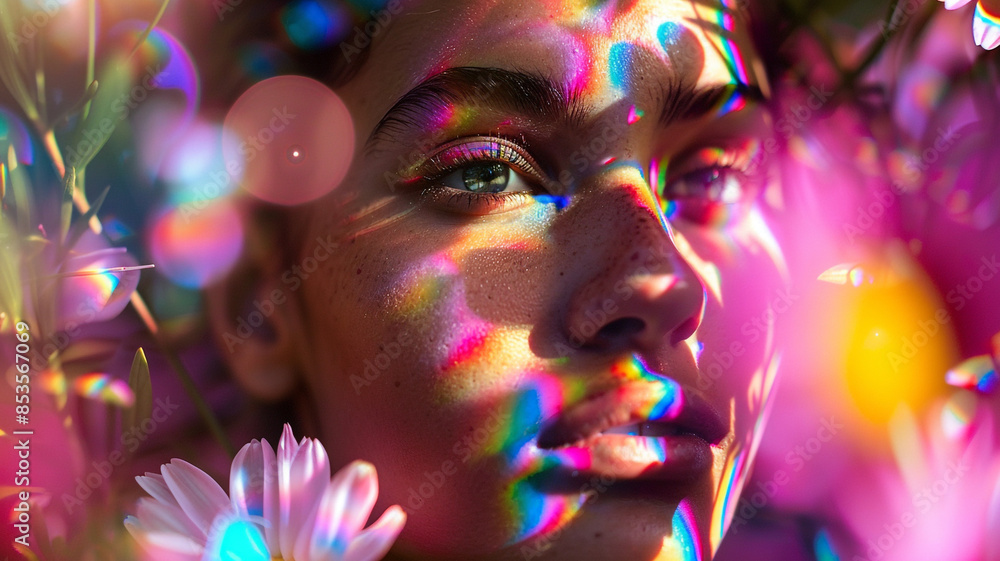 A serene woman with a vibrant flower tucked behind her ear, basking in the gentle sunlight casting warm rays on her smiling face, focusing on the delicate petals and her peaceful expression. A serene woman with a vibrant flower tucked behind her ear, basking in the gentle sunlight casting warm rays on her smiling face, focusing on the delicate petals and her peaceful expression.