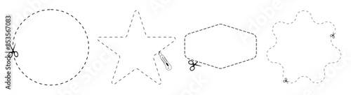 Cut here icon. Set of scissors cutting shape, paper cut here icon with dotted line for ticket, coupon, promo code.