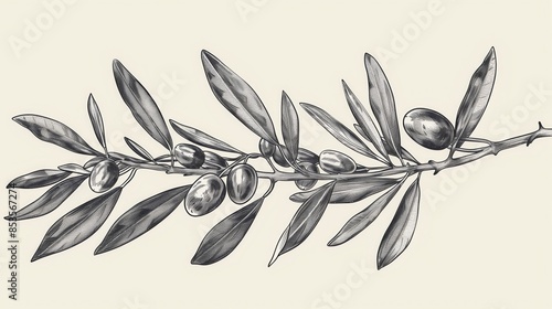 A black and white illustration of an olive branch with olives