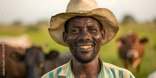 Joyful African American Farmer Embracing Sustainable Agriculture with Cows in Rural Setting. Concept Rural Farming, Sustainable Agriculture, African American Farmer, Livestock, Rural Setting photo