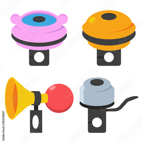 Bicycle bells vector cartoon set isolated on a white background.