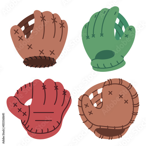 Baseball mitts vector cartoon set isolated on a white background.
