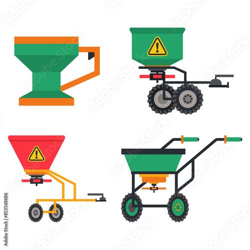 Fertilizer spreaders vector cartoon set isolated on a white background.