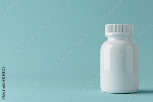 Close-up of a white medical bottle on blue, with space for text.