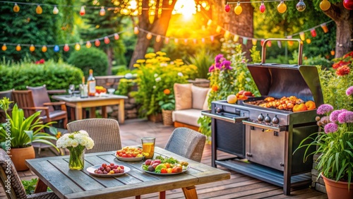 Summer patio scene with sizzling barbecue grill, colorful outdoor decorations, and lush greenery, evoking a warm and inviting atmosphere for a sunny day gathering. photo