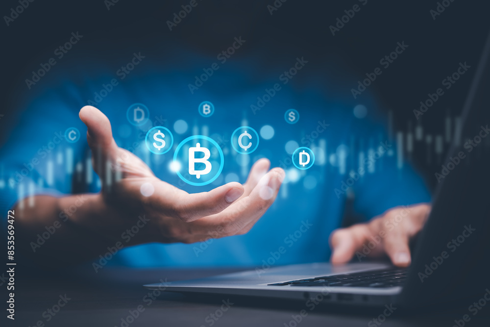 Businessman hand hold bitcoin and icon of business network on White background. bitcoin cryptocurrency ideas concept and virtual financial chart diagram, Digital symbol of a new virtual currency Businessman hand hold bitcoin and icon of business network on White background. bitcoin cryptocurrency ideas concept and virtual financial chart diagram, Digital symbol of a new virtual currency