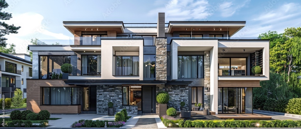 Modern, two-story home with stone accents and a lush lawn. Modern, two-story home with stone accents and a lush lawn.