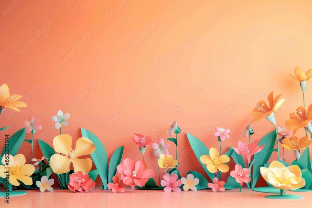Spring Floral Background with Vibrant Paper Flowers and Orange Gradient for Creative Design Spring Floral Background with Vibrant Paper Flowers and Orange Gradient for Creative Design