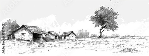 Traditional Indian village where farmers live. Sketch illustration.