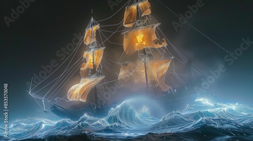 A large ship with a skull on the front is lit up in the dark photo