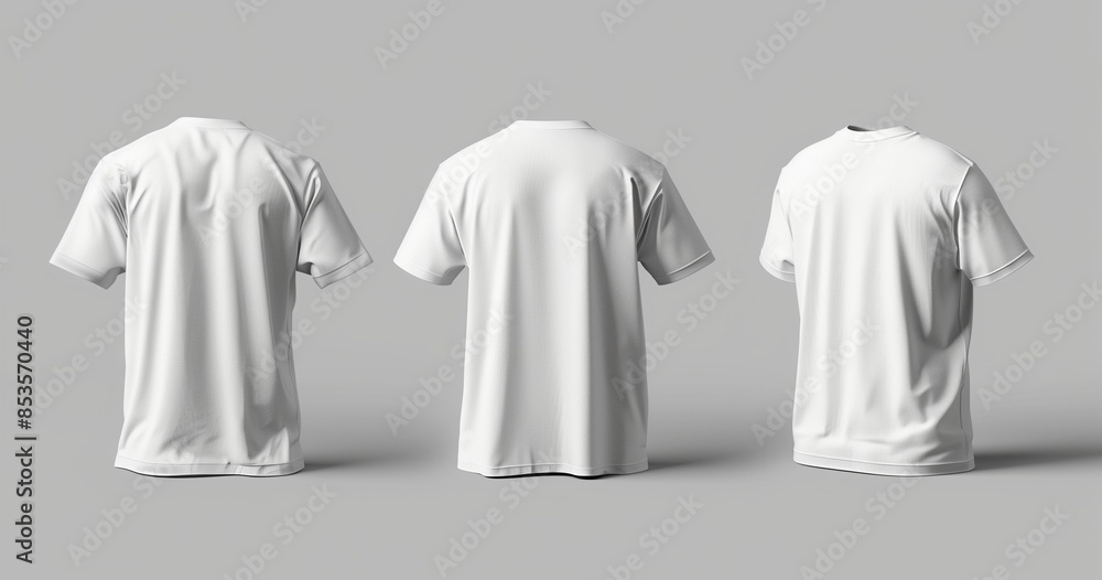 Hyper-realistic white t-shirt mockups, front, side, and back views, plain background. Hyper-realistic white t-shirt mockups, front, side, and back views, plain background.