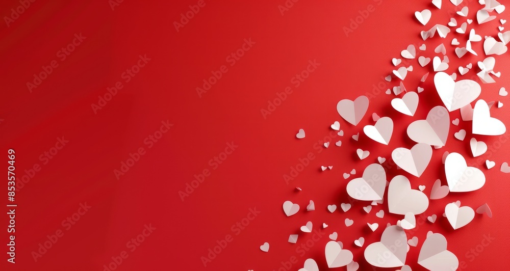 White paper cut hearts flying on red background with copy space for text White paper cut hearts flying on red background with copy space for text