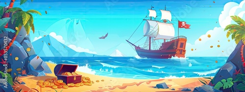 The landscape of the sea coast to which a pirate ship sails. There is a treasure chest and coins on the shore. Cartoon illustration.