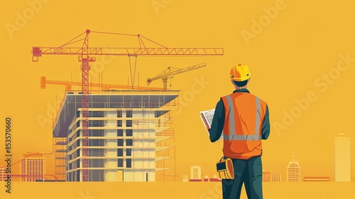 Construction Worker Inspecting Modern Building Under Construction