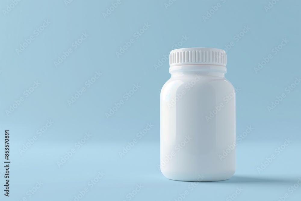 Close-up 3D render of a white plastic bottle with cap, medical style on blue. Close-up 3D render of a white plastic bottle with cap, medical style on blue.