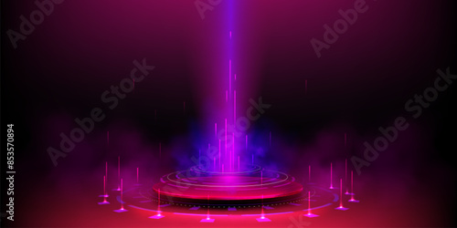 Futuristic platform with neon light portal in clouds of smoke. Vector realistic illustration of round tech podium illuminated with laser beams, cylinder pedestal with teleport to virtual game space