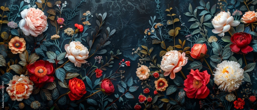 Vibrant pink and red flowers bloom against a dark, moody background. Vibrant pink and red flowers bloom against a dark, moody background.