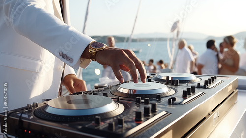 DJ mixing music on console mixer board at a luxury yacht party or at a beach party at sea, close-up of dj hands 