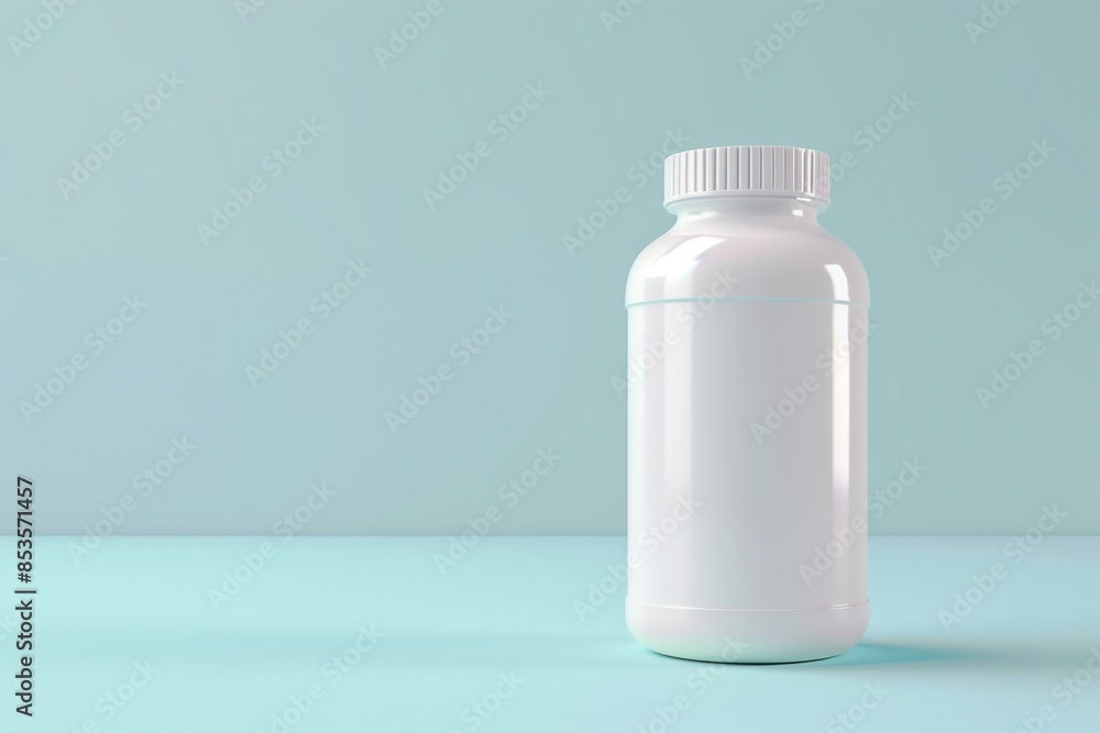Rendered white plastic bottle with cap on blue, ideal for pill or drink mockups. Rendered white plastic bottle with cap on blue, ideal for pill or drink mockups.