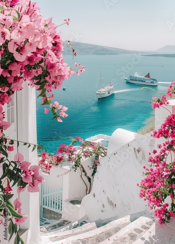 A beautiful photo of Santorini, with a sea view landscape showing pink flowers and blue water in the background, ships on the ocean, white buildings, beautiful, dreamy, relaxing, calm, with a Mediterr photo