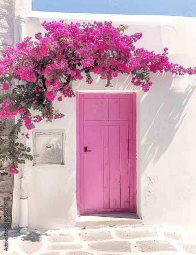Pink Door with White Walls and Blooming Bougainvillea, Charming Greek Island Architecture, Summer Travel Aesthetic, AI Generated