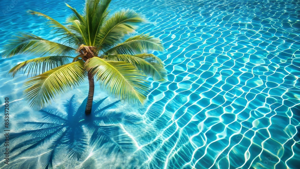 Serenene tropical scene featuring aqua waves, coconut palm tree shadow on bright blue background, with textured pool water surface, perfect for luxury travel and holiday designs. Serenene tropical scene featuring aqua waves, coconut palm tree shadow on bright blue background, with textured pool water surface, perfect for luxury travel and holiday designs.