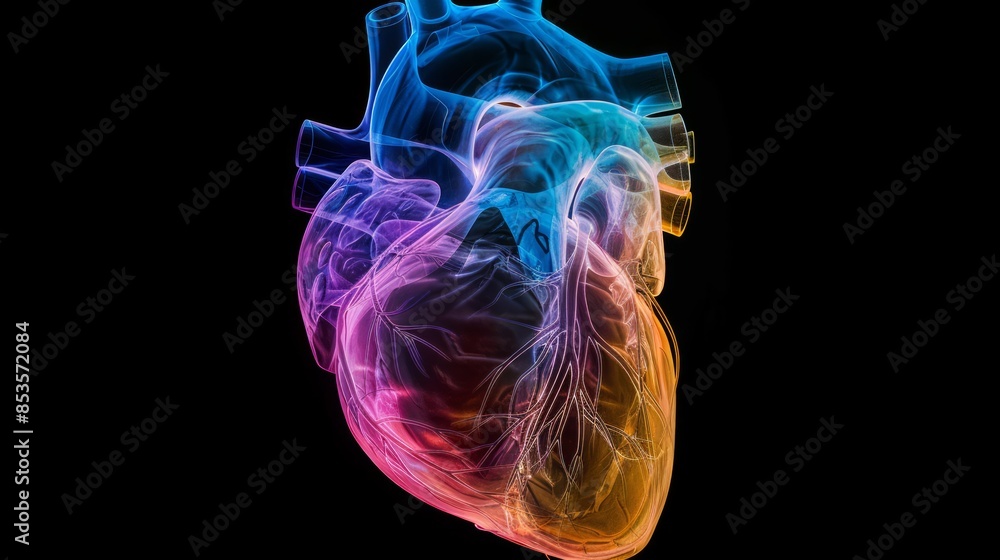 X-ray image of a human heart glowing in many colors on a black background. X-ray image of a human heart glowing in many colors on a black background.