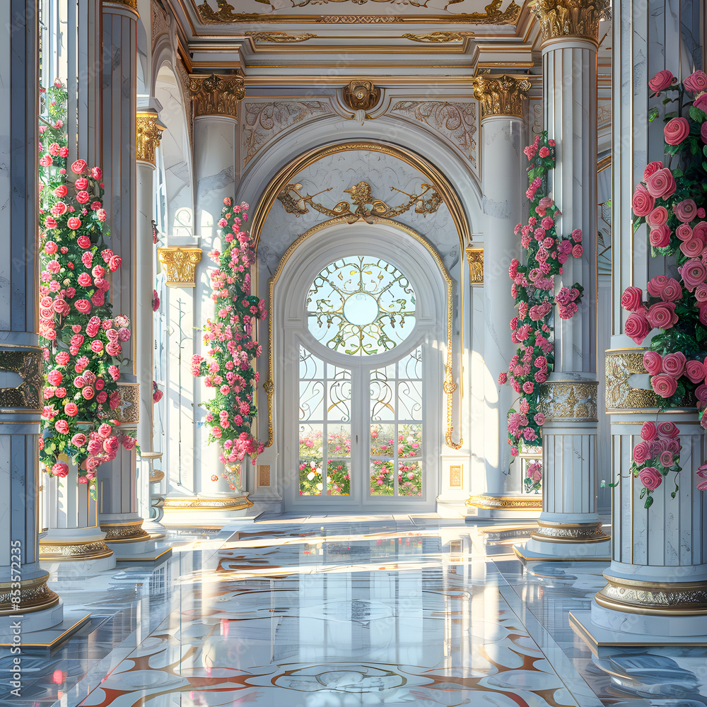 Obraz premium Luxury Palace Interior decorated with pink roses. Palace Interior background