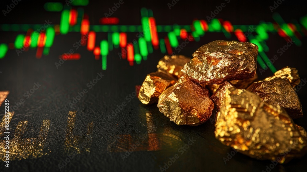 Picture of gold with a graph background.The price of gold depends on the world economy. Picture of gold with a graph background.The price of gold depends on the world economy.