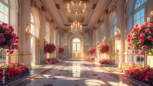 Luxury Palace Interior decorated with pink roses. Palace Interior background photo