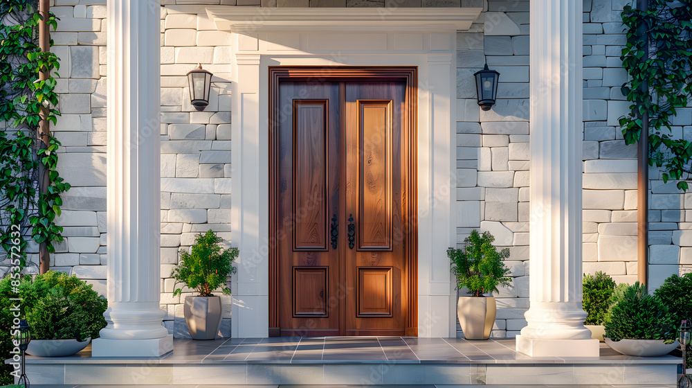 Main entrance door in house. Wooden front door with gabled porch and landing. Main entrance door in house. Wooden front door with gabled porch and landing.