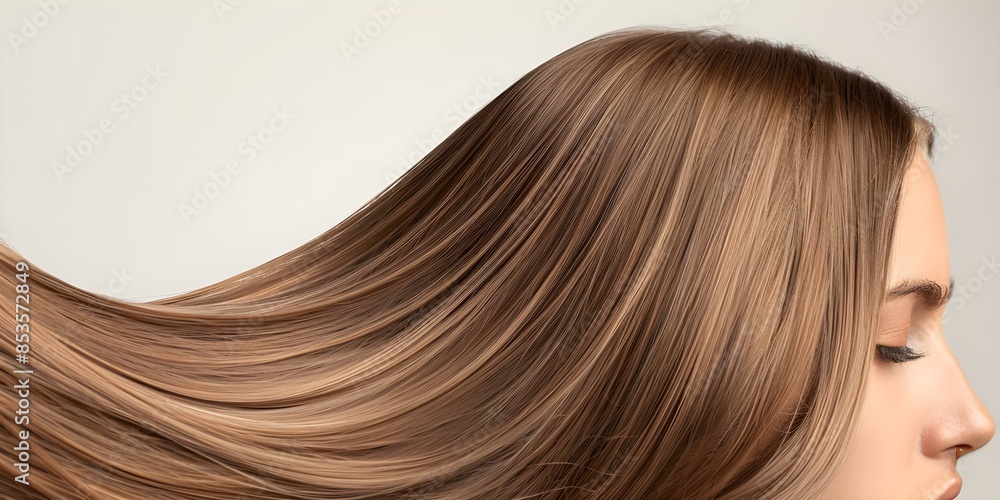 Fototapeta premium Displaying Beauty and Hair Care Young Woman with Long Shiny Brown Hair. Concept Beauty, Hair Care, Young Woman, Long Shiny Brown Hair, Hairstyle