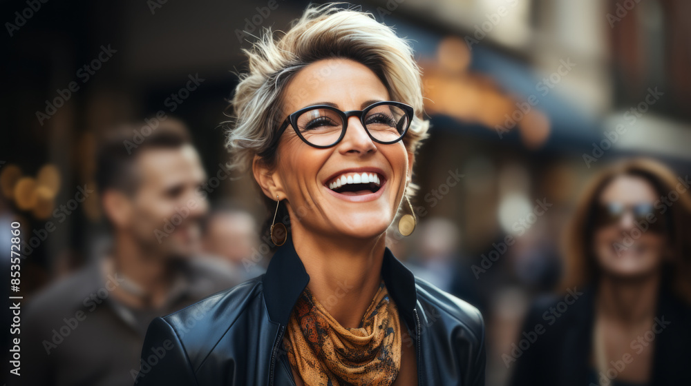 Very Happy Mature Caucasian Woman portrait with short blond hair and a black elegant leather jacket with a blurry street in background Very Happy Mature Caucasian Woman portrait with short blond hair and a black elegant leather jacket with a blurry street in background