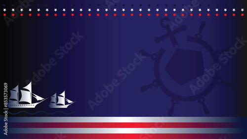 columbus day background with ship silhouette, steering wheel, ship front view and copy space area suitable for placement in content with this theme