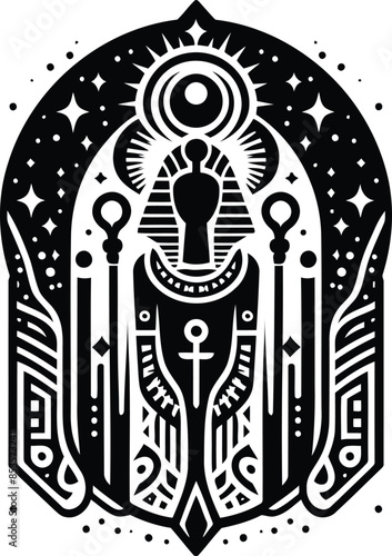 osiris, Pharaoh in silhouete with bohemian nature pattern illustration