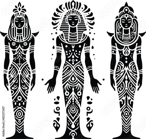osiris, Pharaoh in silhouete with bohemian nature pattern illustration