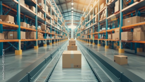 Wallpaper Mural Boxes move on conveyor belts in an industrial environment with bright lighting and modern technology. Background is filled with rows of neatly arranged shelves containing various goods for home decor Torontodigital.ca