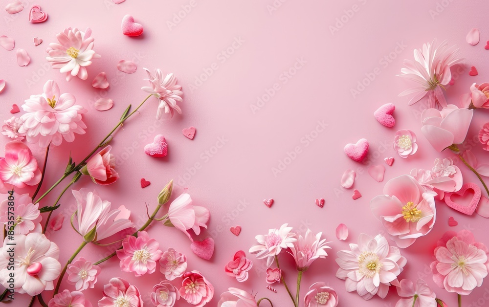 Photo of a pink background with flowers and hearts for Valentine's Day, with a pink pastel color scheme Photo of a pink background with flowers and hearts for Valentine's Day, with a pink pastel color scheme