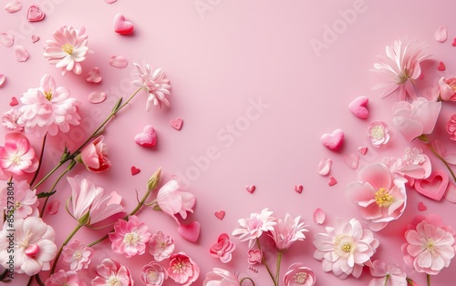 Photo of a pink background with flowers and hearts for Valentine's Day, with a pink pastel color scheme