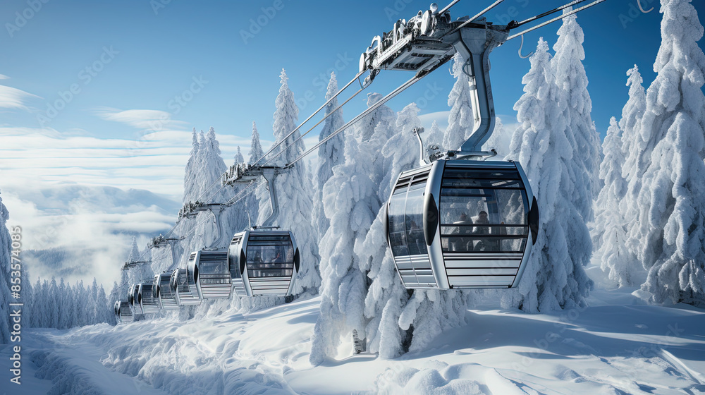 Obraz premium Contemporary Ski Lift or Cable Car In the Midst Of Snow With Trees Landscape Background