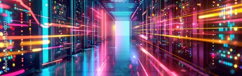 Illuminated Server Room With Colorful Data Flow Lines © Yana